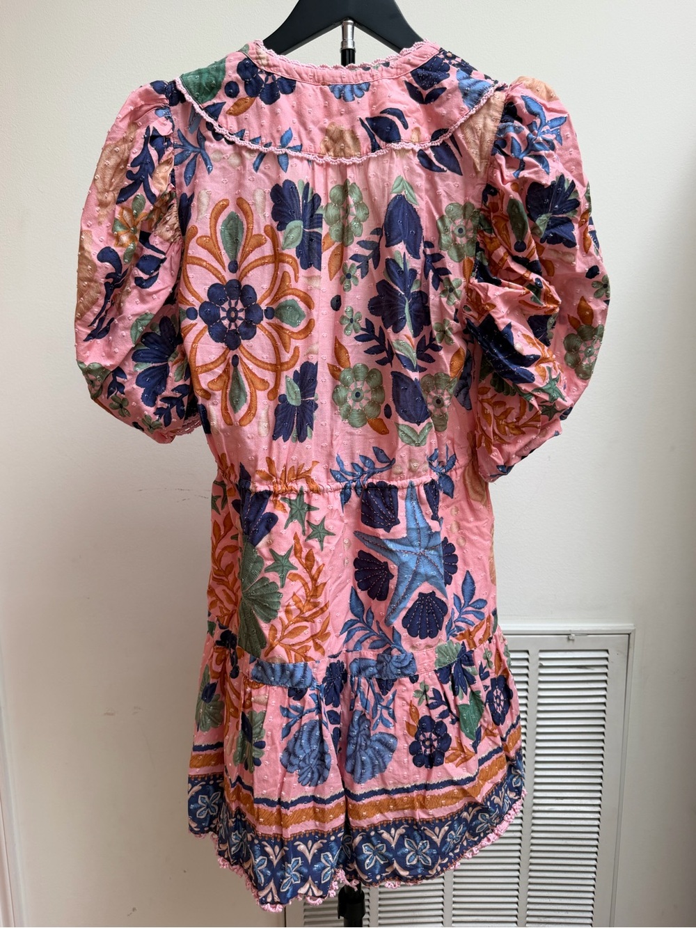 FARM Rio Pink “Seashell Tapestry” Puff Sleeve Tassel Mini Dress Size S - Picture 15 of 16